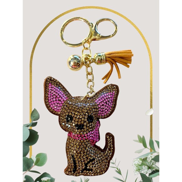 Cute Cartoon Chihuahua Keychain Rhinestone Pet Dog Key Chain Bag Backpack Charm - Picture 2 of 5